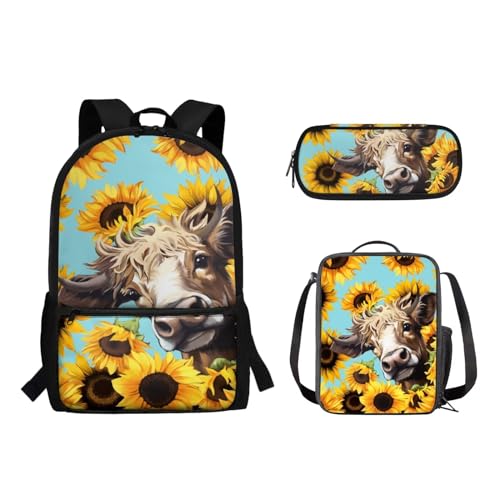 Suhoaziia 3-teiliges Kinder-Schulrucksack-Set mit isolierter Lunchtasche, Federmäppchen, Grundschule, Mittelhochschüler, Rucksack, Büchertasche, Yak-Kuh-Sonnenblume, Tagesrucksäcke von Suhoaziia