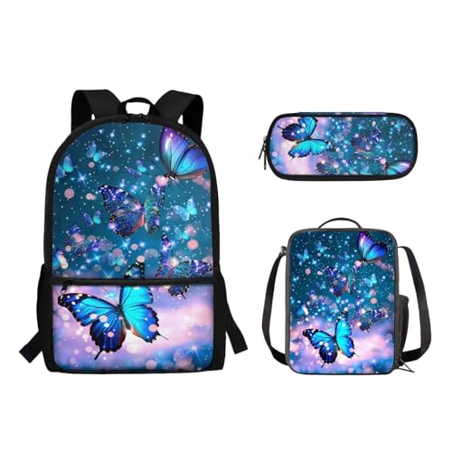 Suhoaziia 3-teiliges Kinder-Schulrucksack-Set mit isolierter Lunchtasche, Federmäppchen, Grundschule, Mittelhochschüler, Rucksack, Büchertasche, blau mit schmetterlingen, Tagesrucksäcke von Suhoaziia