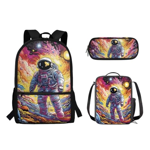 Suhoaziia 3-teiliges Reiserucksack-Set für Kinder, Schule, Büchertasche mit isolierter Lunchtasche, Federmäppchen für Mädchen, Jungen, Teenager, Schultertasche, Handtasche, Astronaut Planet, von Suhoaziia