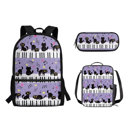 Suhoaziia 3-teiliges Reiserucksack-Set für Kinder, Schule, Büchertasche mit isolierter Lunchtasche, Federmäppchen für Mädchen, Jungen, Teenager, Schultertasche, Handtasche, Black Cats Piano, von Suhoaziia