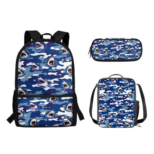 Suhoaziia 3-teiliges Reiserucksack-Set für Kinder, Schule, Büchertasche mit isolierter Lunchtasche, Federmäppchen für Mädchen, Jungen, Teenager, Schultertasche, Handtasche, Cartoon-Haie, von Suhoaziia