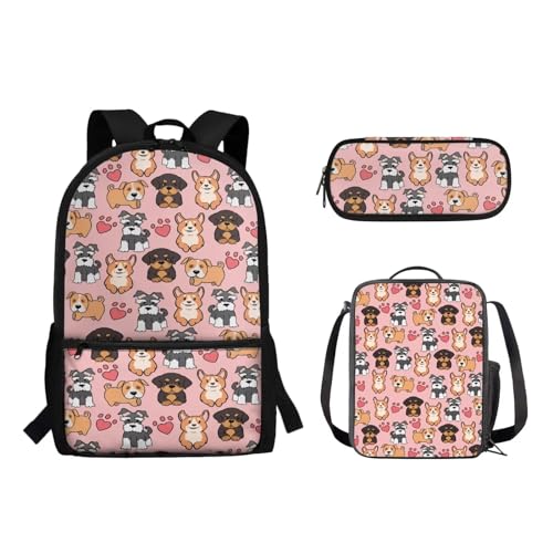 Suhoaziia 3-teiliges Reiserucksack-Set für Kinder, Schule, Büchertasche mit isolierter Lunchtasche, Federmäppchen für Mädchen, Jungen, Teenager, Schultertasche, Handtasche, Cartoon-Hundepfoten, von Suhoaziia