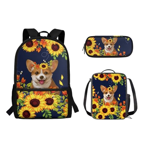 Suhoaziia 3-teiliges Reiserucksack-Set für Kinder, Schule, Büchertasche mit isolierter Lunchtasche, Federmäppchen für Mädchen, Jungen, Teenager, Schultertasche, Handtasche, Cartoon-Sonnenblumen-Corgi, von Suhoaziia