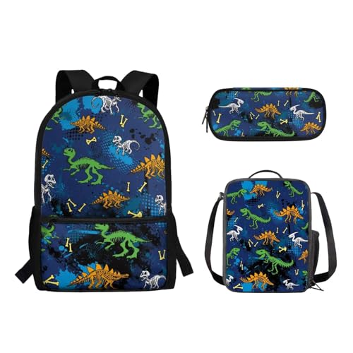 Suhoaziia 3-teiliges Reiserucksack-Set für Kinder, Schule, Büchertasche mit isolierter Lunchtasche, Federmäppchen für Mädchen, Jungen, Teenager, Schultertasche, Handtasche, Dinosaurier, Tagesrucksäcke von Suhoaziia