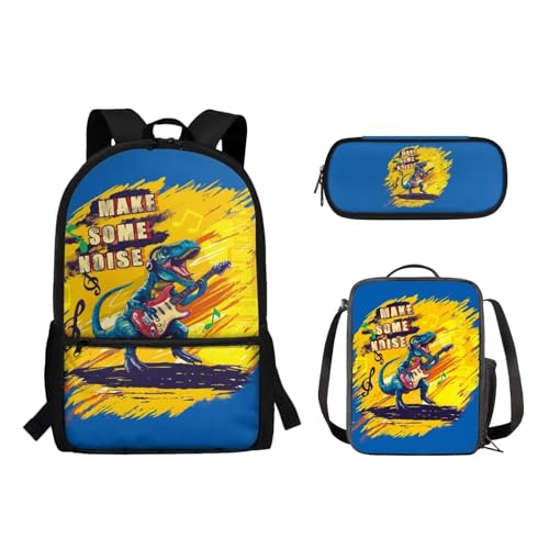 Suhoaziia 3-teiliges Reiserucksack-Set für Kinder, Schule, Büchertasche mit isolierter Lunchtasche, Federmäppchen für Mädchen, Jungen, Teenager, Schultertasche, Handtasche, Dinosaurier-Gitarre, von Suhoaziia