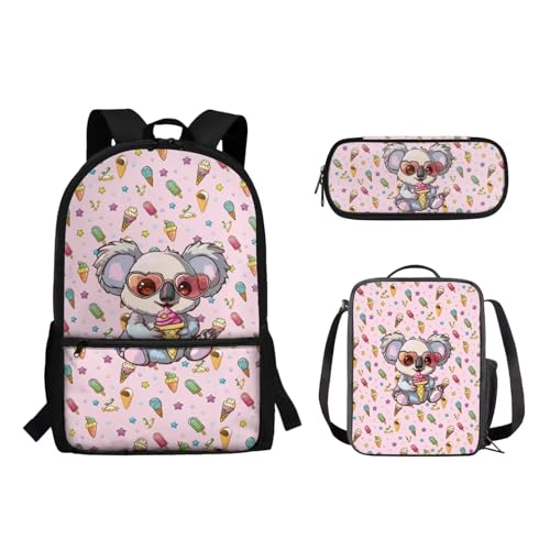 Suhoaziia 3-teiliges Reiserucksack-Set für Kinder, Schule, Büchertasche mit isolierter Lunchtasche, Federmäppchen für Mädchen, Jungen, Teenager, Schultertasche, Handtasche, Eiscreme-Koala, von Suhoaziia