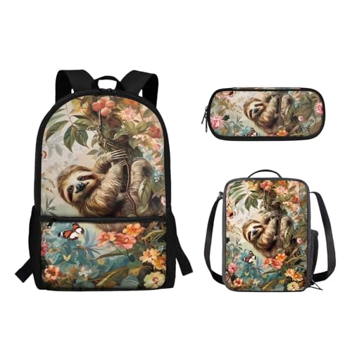 Suhoaziia 3-teiliges Reiserucksack-Set für Kinder, Schule, Büchertasche mit isolierter Lunchtasche, Federmäppchen für Mädchen, Jungen, Teenager, Schultertasche, Handtasche, Faultier Schmetterling von Suhoaziia