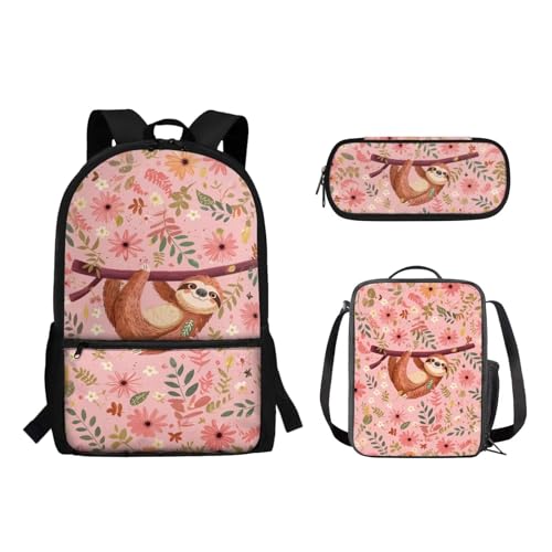 Suhoaziia 3-teiliges Reiserucksack-Set für Kinder, Schule, Büchertasche mit isolierter Lunchtasche, Federmäppchen für Mädchen, Jungen, Teenager, Schultertasche, Handtasche, Faultier Blume Rosa, von Suhoaziia