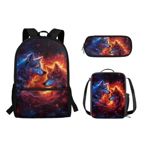 Suhoaziia 3-teiliges Reiserucksack-Set für Kinder, Schule, Büchertasche mit isolierter Lunchtasche, Federmäppchen für Mädchen, Jungen, Teenager, Schultertasche, Handtasche, Feuer, Flamme, Wolf, von Suhoaziia