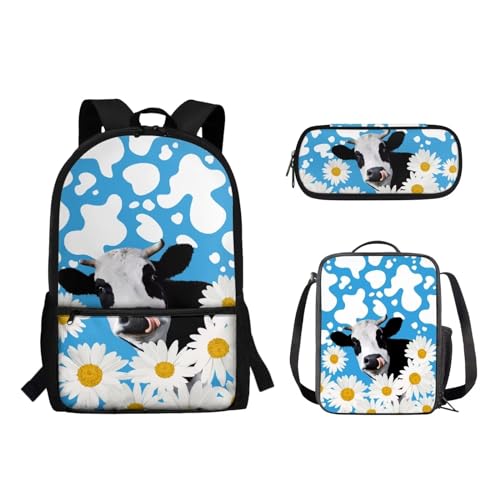 Suhoaziia 3-teiliges Reiserucksack-Set für Kinder, Schule, Büchertasche mit isolierter Lunchtasche, Federmäppchen für Mädchen, Jungen, Teenager, Schultertasche, Handtasche, Gänseblümchen-Kuh-Muster, von Suhoaziia