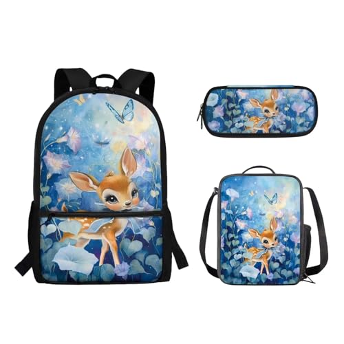 Suhoaziia 3-teiliges Reiserucksack-Set für Kinder, Schule, Büchertasche mit isolierter Lunchtasche, Federmäppchen für Mädchen, Jungen, Teenager, Schultertasche, Handtasche, Hirschblumen, von Suhoaziia