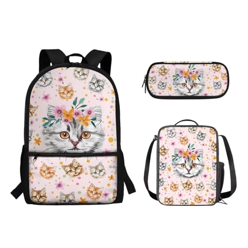 Suhoaziia 3-teiliges Reiserucksack-Set für Kinder, Schule, Büchertasche mit isolierter Lunchtasche, Federmäppchen für Mädchen, Jungen, Teenager, Schultertasche, Handtasche, Katzen-Blume, von Suhoaziia