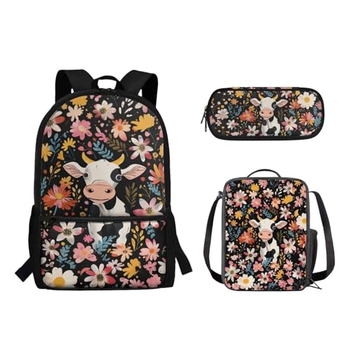 Suhoaziia 3-teiliges Reiserucksack-Set für Kinder, Schule, Büchertasche mit isolierter Lunchtasche, Federmäppchen für Mädchen, Jungen, Teenager, Schultertasche, Handtasche, Kuhblumen, Tagesrucksäcke von Suhoaziia