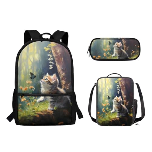 Suhoaziia 3-teiliges Reiserucksack-Set für Kinder, Schule, Büchertasche mit isolierter Lunchtasche, Federmäppchen für Mädchen, Jungen, Teenager, Schultertasche, Handtasche, Niedliche Katze, von Suhoaziia