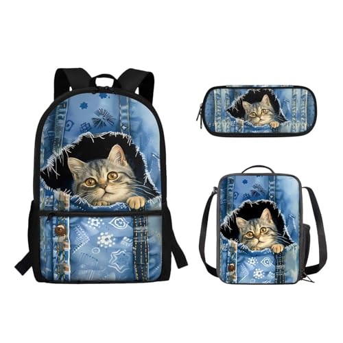 Suhoaziia 3-teiliges Reiserucksack-Set für Kinder, Schule, Büchertasche mit isolierter Lunchtasche, Federmäppchen für Mädchen, Jungen, Teenager, Schultertasche, Handtasche, Niedliche Katze aus Denim, von Suhoaziia