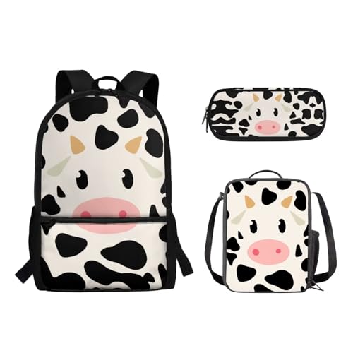 Suhoaziia 3-teiliges Reiserucksack-Set für Kinder, Schule, Büchertasche mit isolierter Lunchtasche, Federmäppchen für Mädchen, Jungen, Teenager, Schultertasche, Handtasche, Niedliche Milchkuh, von Suhoaziia