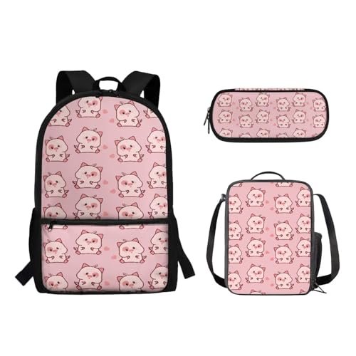 Suhoaziia 3-teiliges Reiserucksack-Set für Kinder, Schule, Büchertasche mit isolierter Lunchtasche, Federmäppchen für Mädchen, Jungen, Teenager, Schultertasche, Handtasche, Niedliches Cartoon-Schwein, von Suhoaziia