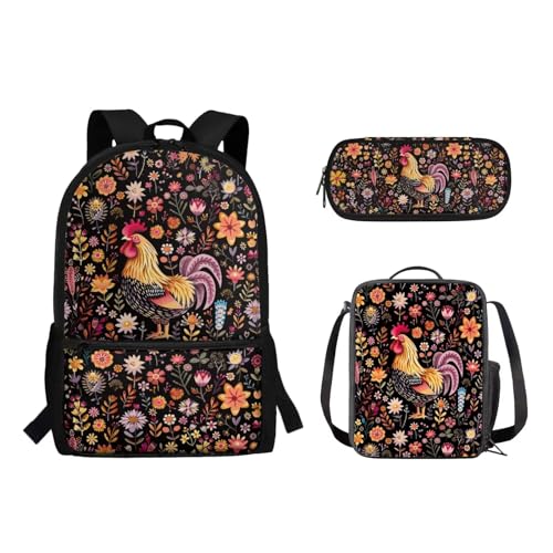 Suhoaziia 3-teiliges Reiserucksack-Set für Kinder, Schule, Büchertasche mit isolierter Lunchtasche, Federmäppchen für Mädchen, Jungen, Teenager, Schultertasche, Handtasche, Retro-Hahn-Blumenmuster, von Suhoaziia