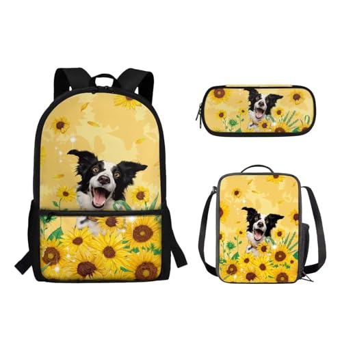 Suhoaziia 3-teiliges Reiserucksack-Set für Kinder, Schule, Büchertasche mit isolierter Lunchtasche, Federmäppchen für Mädchen, Jungen, Teenager, Schultertasche, Handtasche, Sonnenblumen-Border Collie, von Suhoaziia