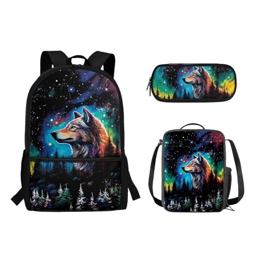 Suhoaziia 3-teiliges Reiserucksack-Set für Kinder, Schule, Büchertasche mit isolierter Lunchtasche, Federmäppchen für Mädchen, Jungen, Teenager, Schultertasche, Handtasche, Sternenwolf-Wald, von Suhoaziia