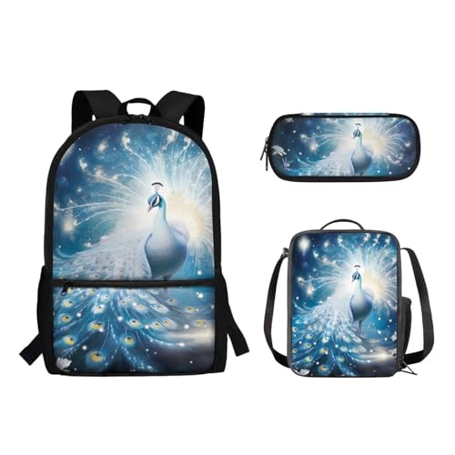 Suhoaziia 3-teiliges Reiserucksack-Set für Kinder, Schule, Büchertasche mit isolierter Lunchtasche, Federmäppchen für Mädchen, Jungen, Teenager, Schultertasche, Handtasche, Weißer Pfau, Tagesrucksäcke von Suhoaziia