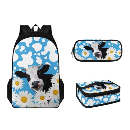 Suhoaziia 3-teiliges Rucksack-Set für Grundschule, Mittelschule, Büchertaschen mit Lunchbox, Federmäppchen, leicht, Mädchen, Jungen, Teenager, Schultasche, Kuh-Gänseblümchen-Aufdruck von Suhoaziia