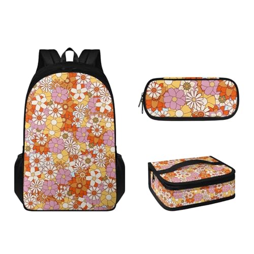 Suhoaziia 3-teiliges Rucksack-Set für Grundschule, Mittelschule, Büchertaschen mit Lunchbox, Federmäppchen, leicht, Mädchen, Jungen, Teenager, Schultasche, Orangefarbene Hippie-Blume, Tagesrucksäcke von Suhoaziia