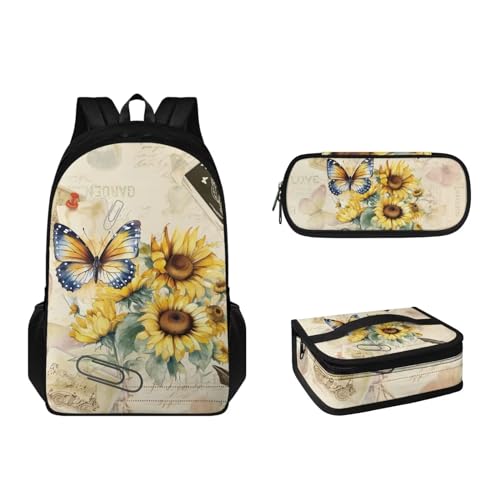 Suhoaziia 3-teiliges Rucksack-Set für Grundschule, Mittelschule, Büchertaschen mit Lunchbox, Federmäppchen, leicht, Mädchen, Jungen, Teenager, Schultasche, Retro-Schmetterling-Sonnenblumen, von Suhoaziia