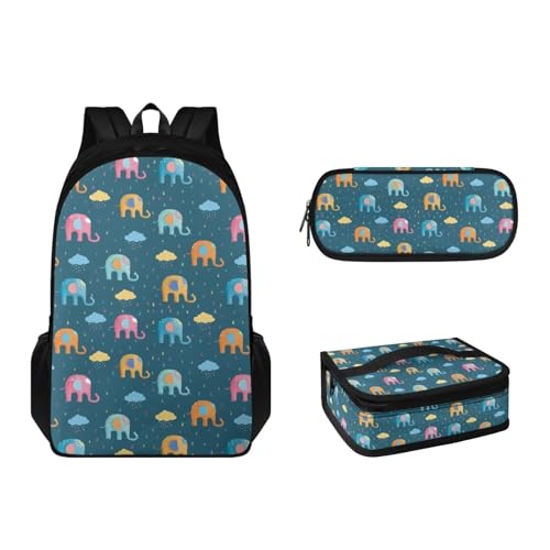 Suhoaziia 3-teiliges Rucksack-Set mit Lunchbox und Federmäppchen, für Grundschulen, Studenten, Büchertasche, leichte Laptoptasche für Mädchen, Jungen, Kinder, Teenager, Bunte Elefanten, Tagesrucksack von Suhoaziia