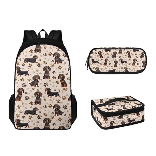 Suhoaziia 3-teiliges Rucksack-Set mit Lunchbox und Federmäppchen, für Grundschulen, Studenten, Büchertasche, leichte Laptoptasche für Mädchen, Jungen, Kinder, Teenager, Dackelpfoten, Tagesrucksäcke von Suhoaziia