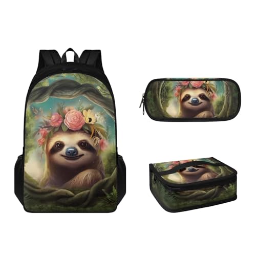 Suhoaziia 3-teiliges Rucksack-Set mit Lunchbox und Federmäppchen, für Grundschulen, Studenten, Büchertasche, leichte Laptoptasche für Mädchen, Jungen, Kinder, Teenager, Faultier-Blume, Tagesrucksack von Suhoaziia