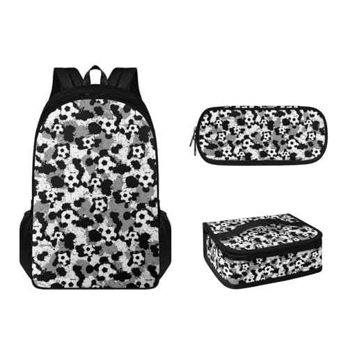 Suhoaziia 3-teiliges Rucksack-Set mit Lunchbox und Federmäppchen, für Grundschulen, Studenten, Büchertasche, leichte Laptoptasche für Mädchen, Jungen, Kinder, Teenager, Fußball-Muster, Tagesrucksäcke von Suhoaziia