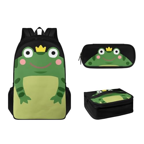 Suhoaziia 3-teiliges Rucksack-Set mit Lunchbox und Federmäppchen, für Grundschulen, Studenten, Büchertasche, leichte Laptoptasche für Mädchen, Jungen, Kinder, Teenager, Grüner Frosch, Tagesrucksäcke von Suhoaziia