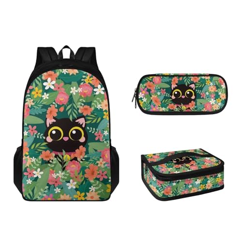 Suhoaziia 3-teiliges Rucksack-Set mit Lunchbox und Federmäppchen, für Grundschulen, Studenten, Büchertasche, leichte Laptoptasche für Mädchen, Jungen, Kinder, Teenager, Katzenblume, Tagesrucksäcke von Suhoaziia