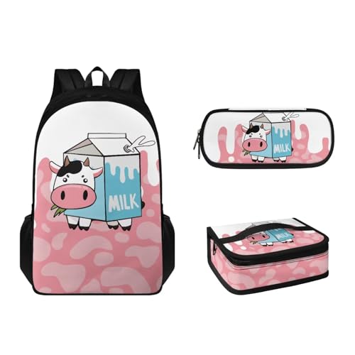 Suhoaziia 3-teiliges Rucksack-Set mit Lunchbox und Federmäppchen, für Grundschulen, Studenten, Büchertasche, leichte Laptoptasche für Mädchen, Jungen, Kinder, Teenager, Milchkuh, Rosa, Tagesrucksäcke von Suhoaziia