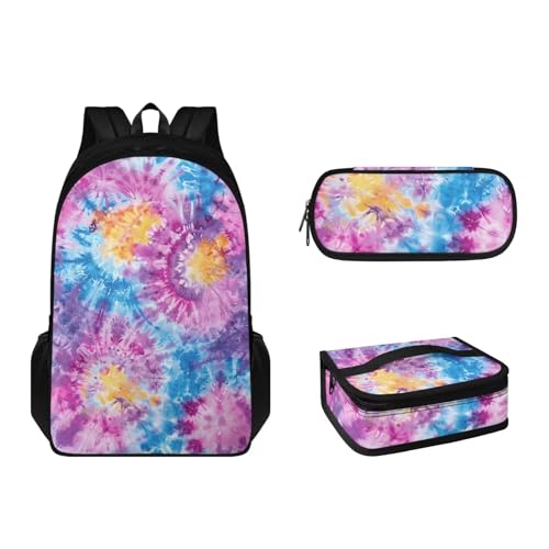 Suhoaziia 3-teiliges Rucksack-Set mit Lunchbox und Federmäppchen für Jungen, Mädchen, Teenager, leicht, Grundschulrucksack für 6–16 Jahre, Batik, Tagesrucksäcke von Suhoaziia