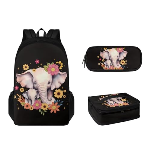 Suhoaziia 3-teiliges Rucksack-Set mit Lunchbox und Federmäppchen für Jungen, Mädchen, Teenager, leicht, Grundschulrucksack für 6–16 Jahre, Cartoon-Elefanten-Blumen, Tagesrucksäcke von Suhoaziia