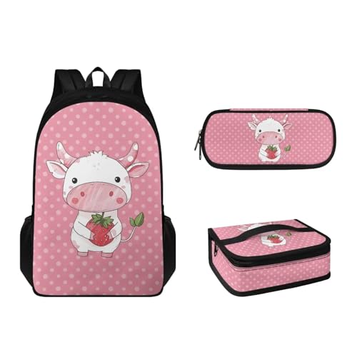 Suhoaziia 3-teiliges Rucksack-Set mit Lunchbox und Federmäppchen für Jungen, Mädchen, Teenager, leicht, Grundschulrucksack für 6–16 Jahre, Erdbeermilch-Kuh, Tagesrucksäcke von Suhoaziia