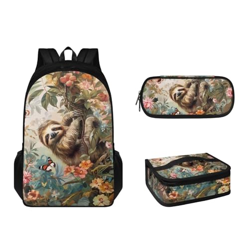 Suhoaziia 3-teiliges Rucksack-Set mit Lunchbox und Federmäppchen für Jungen, Mädchen, Teenager, leicht, Grundschulrucksack für 6–16 Jahre, Faultier Wald Floral, Tagesrucksäcke von Suhoaziia