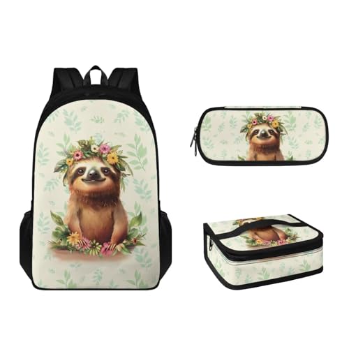 Suhoaziia 3-teiliges Rucksack-Set mit Lunchbox und Federmäppchen für Jungen, Mädchen, Teenager, leicht, Grundschulrucksack für 6–16 Jahre, Faultierblatt, Tagesrucksäcke von Suhoaziia