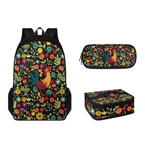 Suhoaziia 3-teiliges Rucksack-Set mit Lunchbox und Federmäppchen für Jungen, Mädchen, Teenager, leicht, Grundschulrucksack für 6–16 Jahre, Hahn-Blumenmuster, Tagesrucksäcke von Suhoaziia