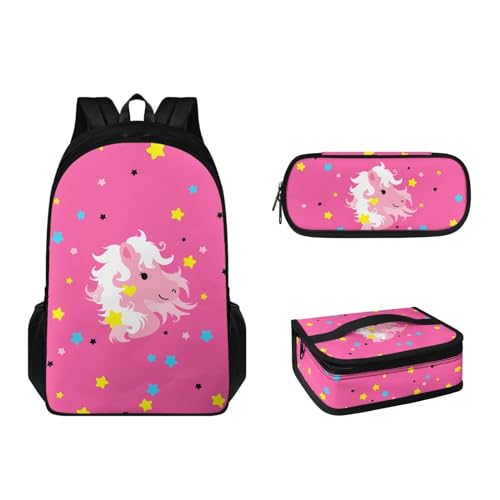 Suhoaziia 3-teiliges Rucksack-Set mit Lunchbox und Federmäppchen für Jungen, Mädchen, Teenager, leicht, Grundschulrucksack für 6–16 Jahre, Sternenpferd, Rosa, Tagesrucksäcke von Suhoaziia