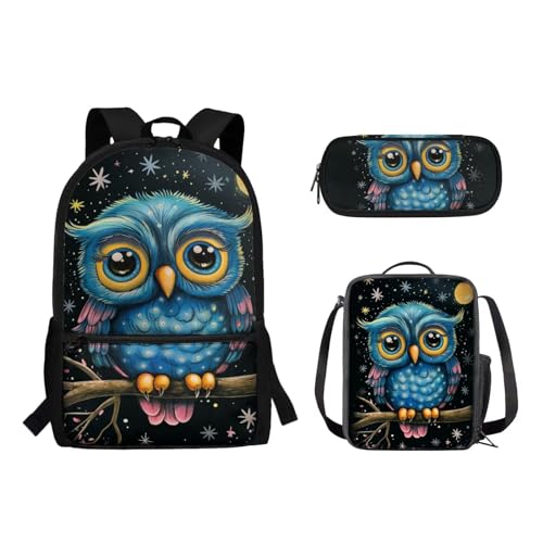 Suhoaziia 3-teiliges Rucksack-Set mit Lunchtasche und Bleistiftbeutel, für Jungen und Mädchen, Grundschule, Mittelschule, Schulrucksack, Büchertaschen, Blaue Cartoon-Eule, Tagesrucksäcke von Suhoaziia