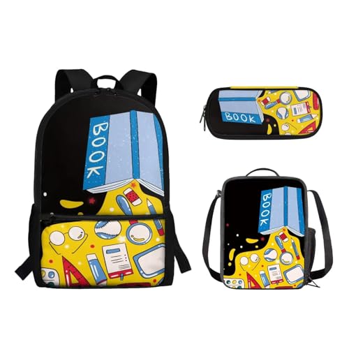 Suhoaziia 3-teiliges Rucksack-Set mit Lunchtasche und Bleistiftbeutel, für Jungen und Mädchen, Grundschule, Mittelschule, Schulrucksack, Büchertaschen, Briefpapierdruck, Tagesrucksäcke von Suhoaziia