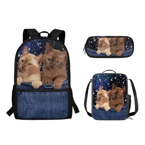 Suhoaziia 3-teiliges Rucksack-Set mit Lunchtasche und Bleistiftbeutel, für Jungen und Mädchen, Grundschule, Mittelschule, Schulrucksack, Büchertaschen, Denim Cat Stars, Tagesrucksäcke von Suhoaziia