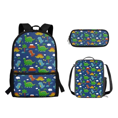 Suhoaziia 3-teiliges Rucksack-Set mit Lunchtasche und Bleistiftbeutel, für Jungen und Mädchen, Grundschule, Mittelschule, Schulrucksack, Büchertaschen, Dinosaurier, Tagesrucksäcke von Suhoaziia