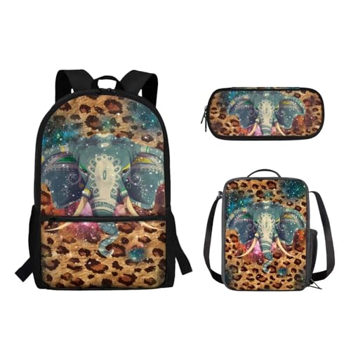 Suhoaziia 3-teiliges Rucksack-Set mit Lunchtasche und Bleistiftbeutel, für Jungen und Mädchen, Grundschule, Mittelschule, Schulrucksack, Büchertaschen, Elefanten-Leopardenmuster, Tagesrucksäcke von Suhoaziia