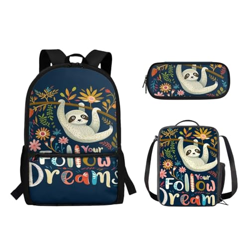 Suhoaziia 3-teiliges Rucksack-Set mit Lunchtasche und Bleistiftbeutel, für Jungen und Mädchen, Grundschule, Mittelschule, Schulrucksack, Büchertaschen, Faultier Floral, Tagesrucksäcke von Suhoaziia