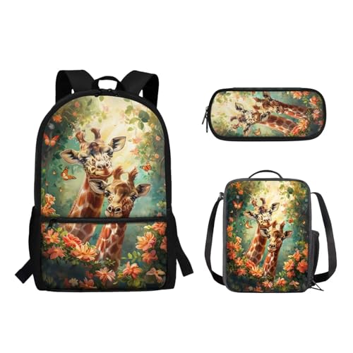 Suhoaziia 3-teiliges Rucksack-Set mit Lunchtasche und Bleistiftbeutel, für Jungen und Mädchen, Grundschule, Mittelschule, Schulrucksack, Büchertaschen, Giraffenwald, Tagesrucksäcke von Suhoaziia