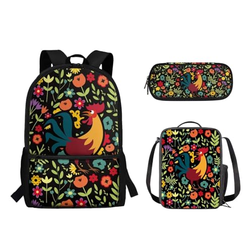 Suhoaziia 3-teiliges Rucksack-Set mit Lunchtasche und Bleistiftbeutel, für Jungen und Mädchen, Grundschule, Mittelschule, Schulrucksack, Büchertaschen, Hahn-Blumenmuster, Tagesrucksäcke von Suhoaziia